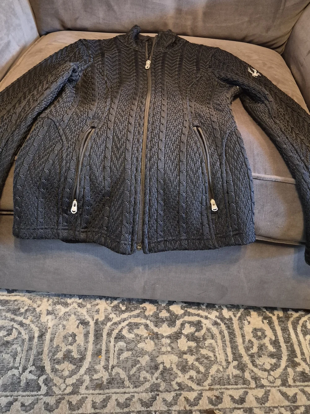 SPYDER Women's Black Cable Knit Full-Zip Utility Jacket with Subtle Logo Size S